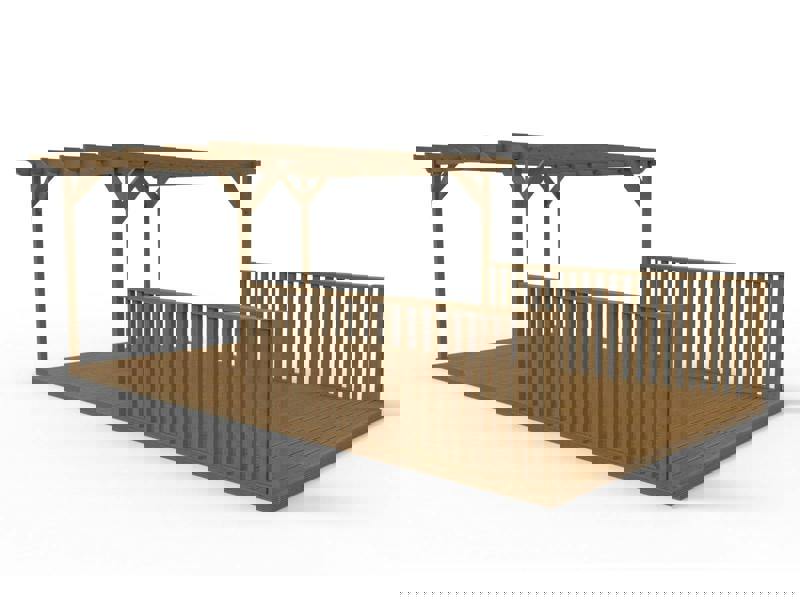 Rectangular pergola and decking kit with balustrade, made from pressure treated timber and high quality pergola posts, featuring a raised wooden deck, vertical slatted balustrade, and an open pergola roof frame.