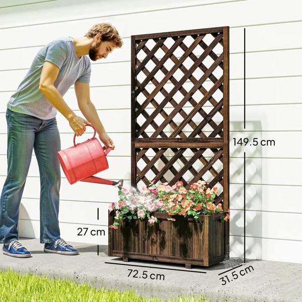 Carbonized wood raised planter bed with lattice trellis, shown with size markers