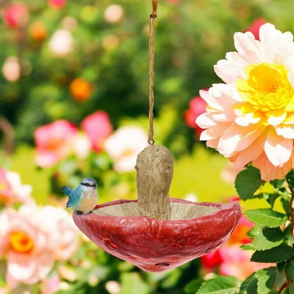 EDH Door Hardware Red Resin Mushroom Bird Feeder with Blue Tit – Charming & Functional Garden Décor
