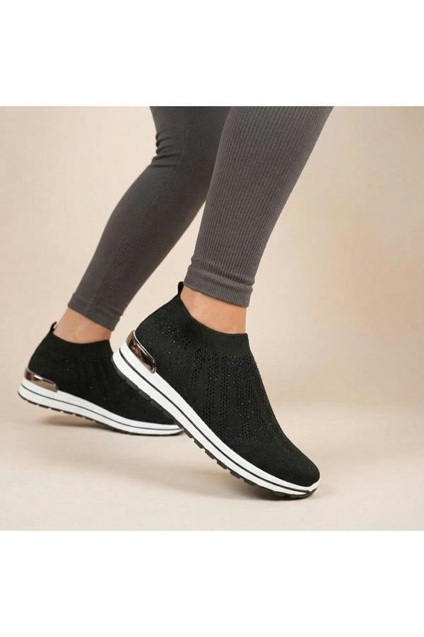 Tawnie Diamante Knit Slip-on Wedge Trainers - Black/White