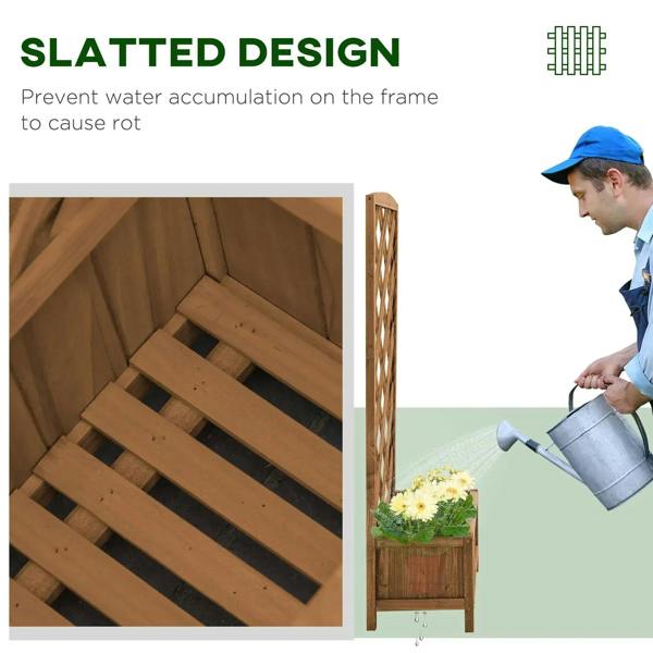 Brown wooden raised planter frame with slatted interior and watering access