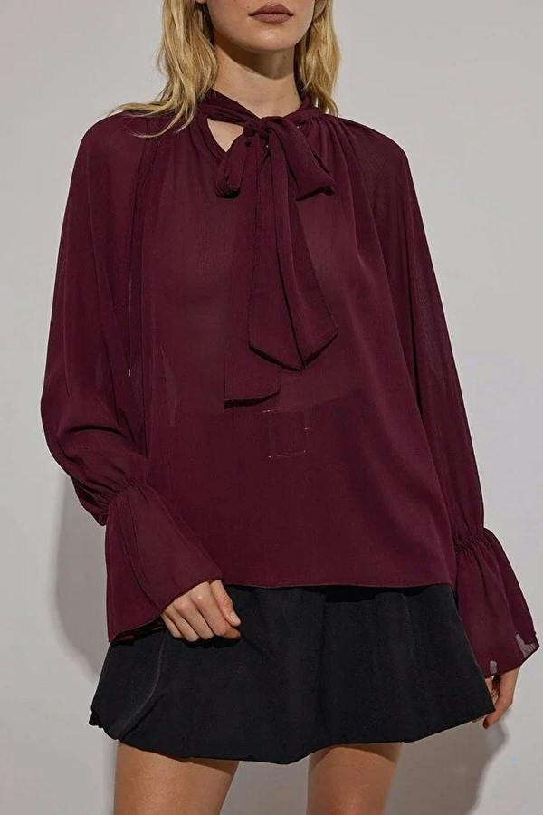 WOVCOR Unlined Woven Party Blouse with Neck Tie Detail