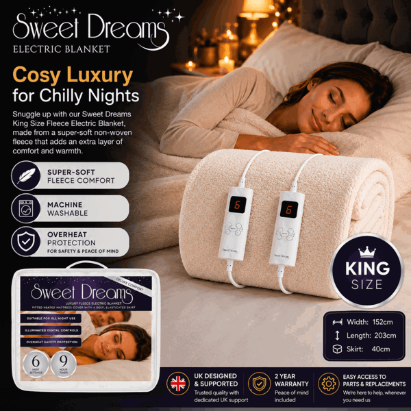 Sweet Dreams Luxury Fleece Electric Blanket King Size, Machine Washable Underblanket, Digital Control, Overheat Protection