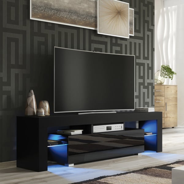 Mex Furniture 160cm TV Unit – Modern TV Stand Cabinet with Black High Gloss and Free LED