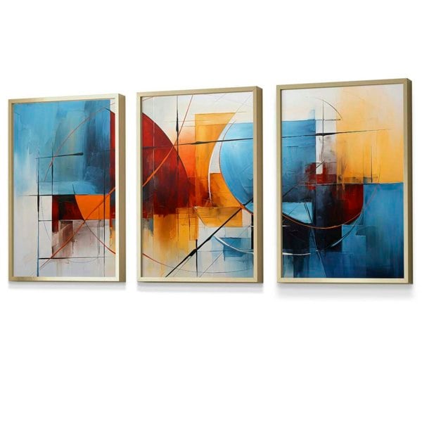 Artze Wall Art Set of 3 Abstract Colourful Blue and Red Framed Art Prints