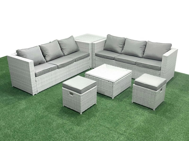 Fimous Rattan Garden Outdoor Furniture Set 8 Seater Rattan Garden Sofa Set with 2 Small Footstool Side Table Light Grey Mixed