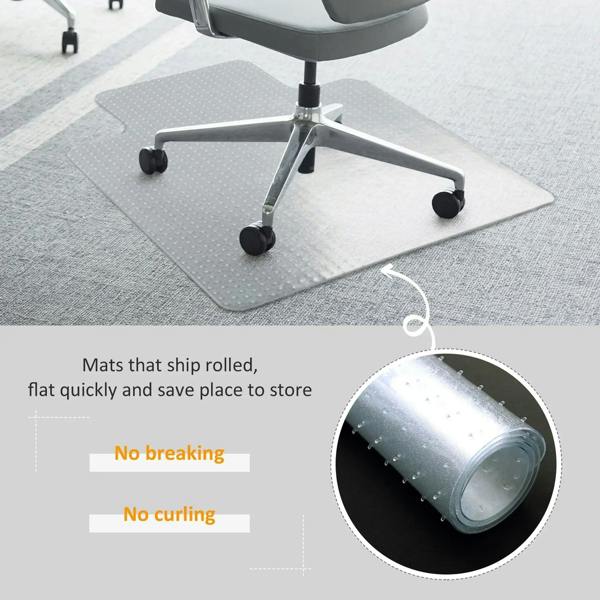 Clear office chair mat on carpet, chair casters on protective sheet with rounded edge