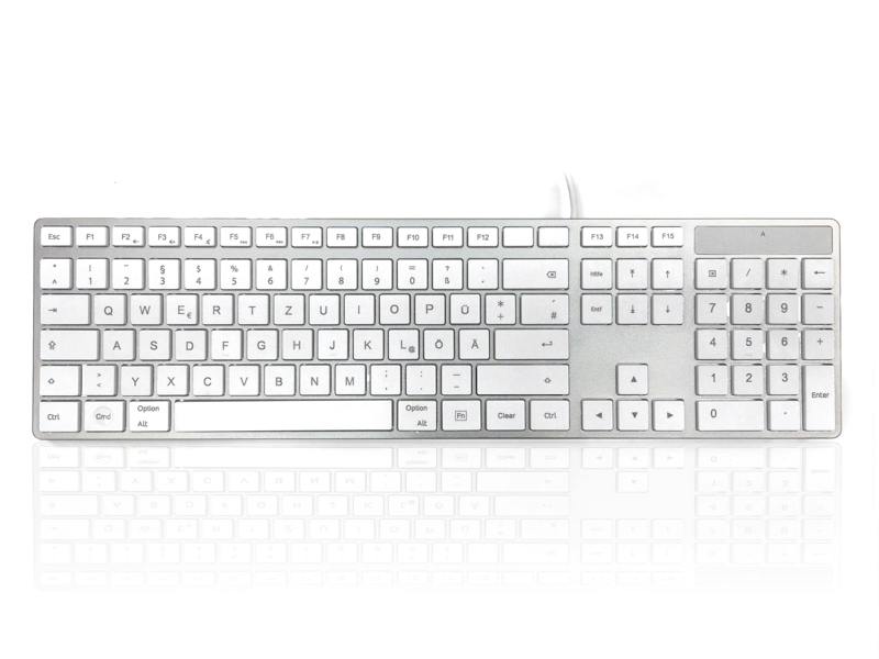 Accuratus 301 Apple MAC USB Type C - USB Type C Wired Full Size Apple Mac Multimedia Keyboard with White Square Tactile Keys and Silver Case