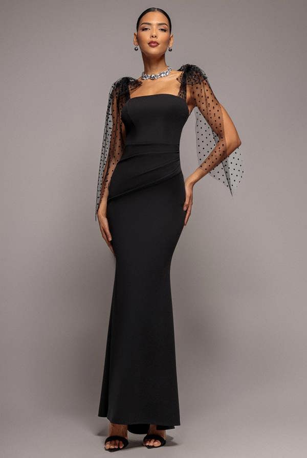 Scuba & Polka Mesh Bella Bow Multiway Maxi Dress - Black DR5020