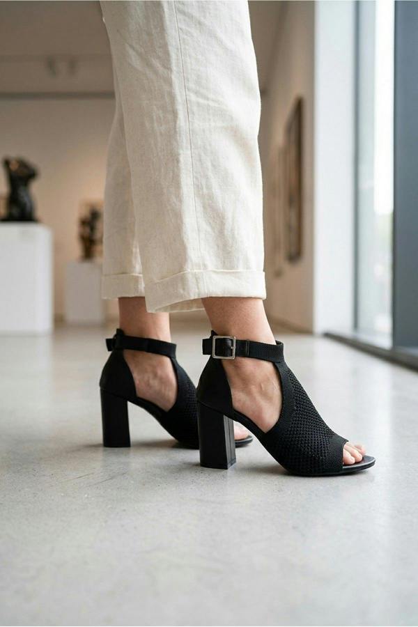 Sora Knit Vamp Block Heel Sandals - Black