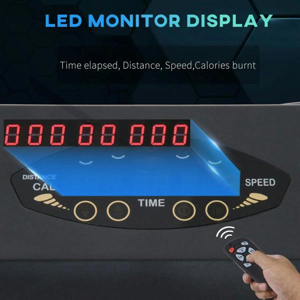 Black LED treadmill console with segmented display and circular control buttons.