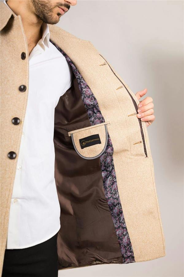 Infinity Leather Men's Wool Blend Classic Collar Beige Overcoat