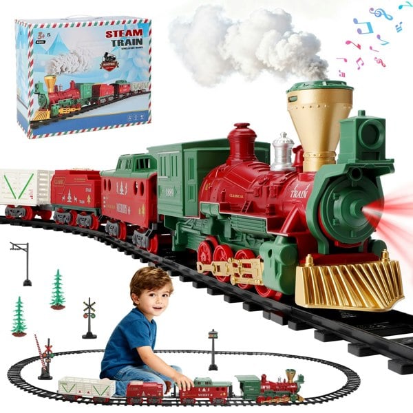 deAO Toys Electric Steam Train Set with Real Smoke, Lights an