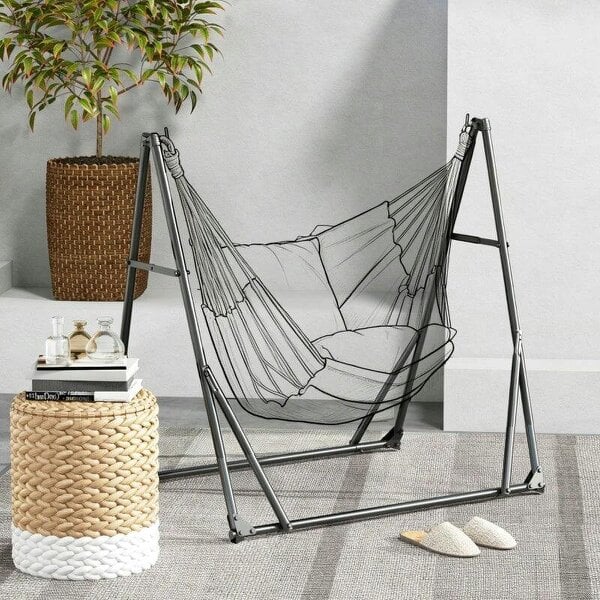 Bobobiy Foldable Hammock Stand, 2 in 1 Hammock Net Stand, Hammock Chair Stand with Carry Bag, Load Capacity 120kg, Black - Black