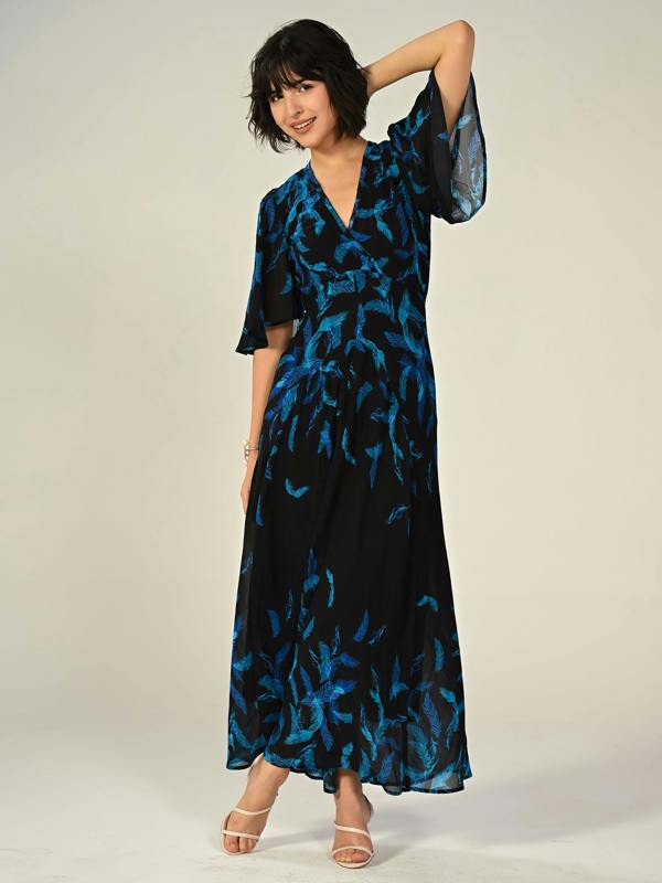 Rose & Nancy Talia Black Feather Print Maxi Dress