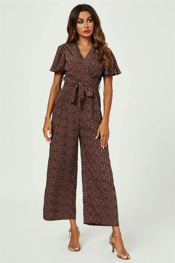FS Collection Leopard Print Wrap Top Jumpsuit In Rusty