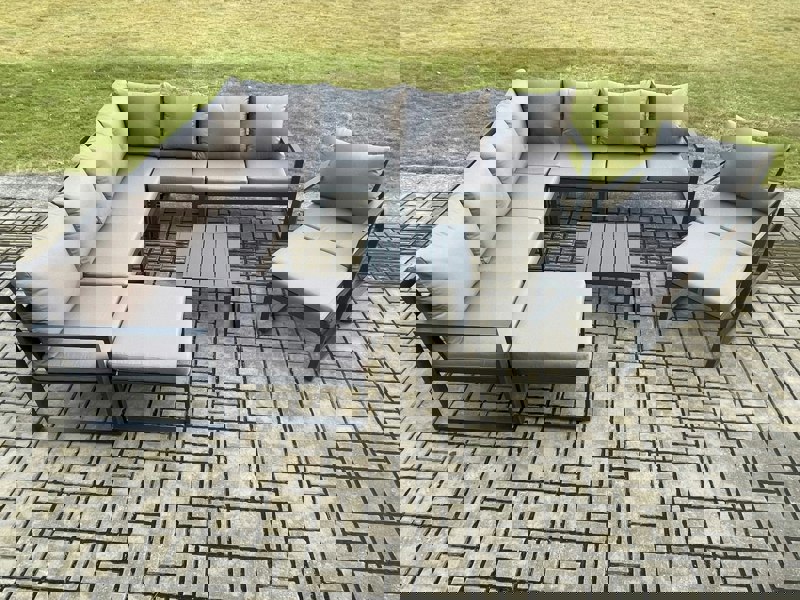 Fimous Aluminium Outdoor Garden Furniture Set Lounge Corner Sofa Chair Square Coffee Table Sets with 2 Big Footstools Dark Grey