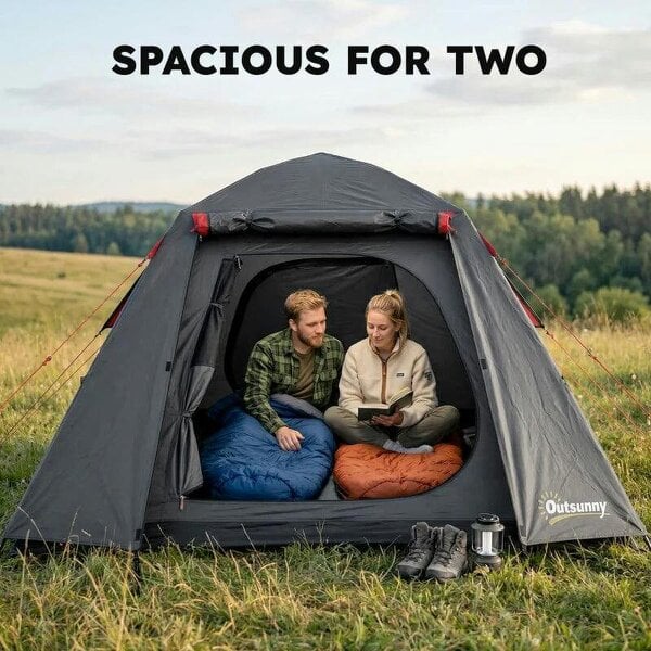 Camping Tent 3000mm Waterproof Tent with 2 Doors, Dark Grey and Red