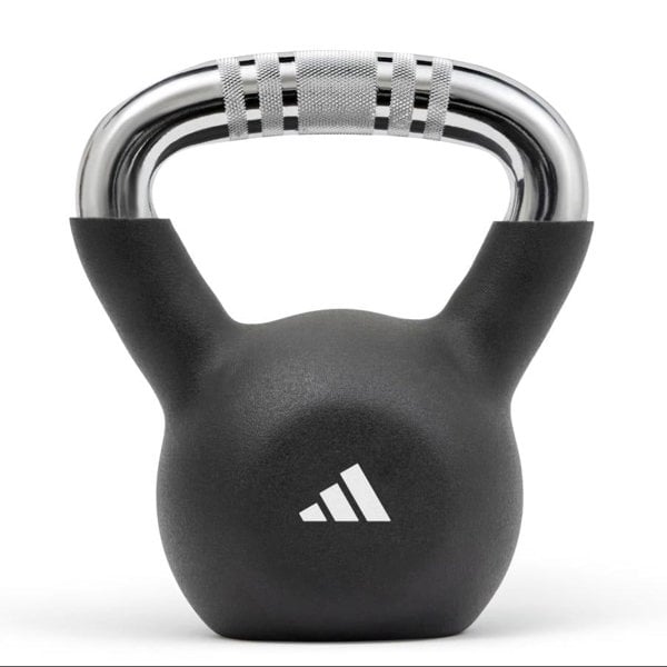Black 8kg kettlebell with a silver handle on a white background, featuring the Adidas logo.
