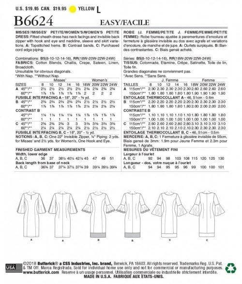 Butterick Sewing Pattern 6624, Dresses for Women, B5 (8-10-12-14-16) - Easy