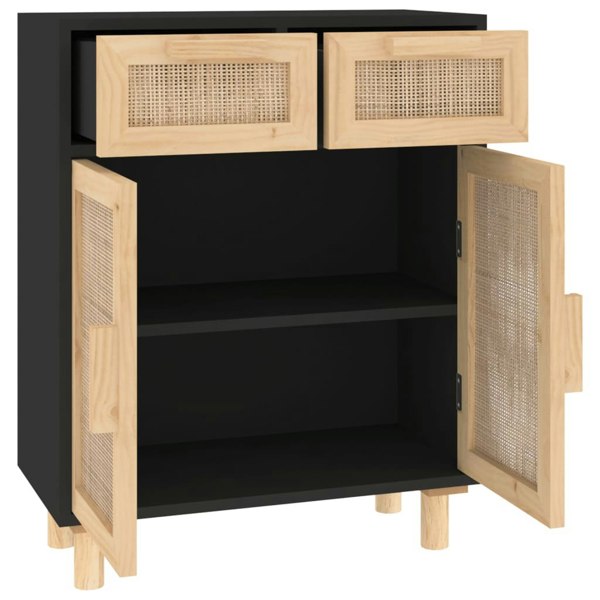 Berkfield Sideboard Black 60x30x75 cm Solid Wood Pine and Natural Rattan