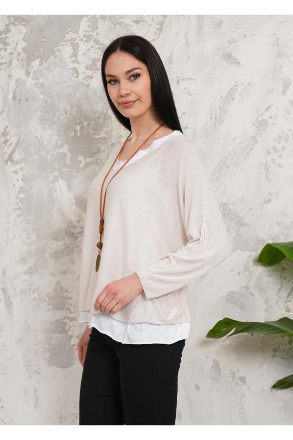Hoxton Gal Oversized Long Sleeves Double Layered Top in Beige