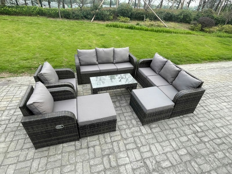 Fimous Rattan Wicker Garden Furniture Patio Conservatory Sofa Set with Rectangular Coffee Table Reclining Chair 2 Big Footstool