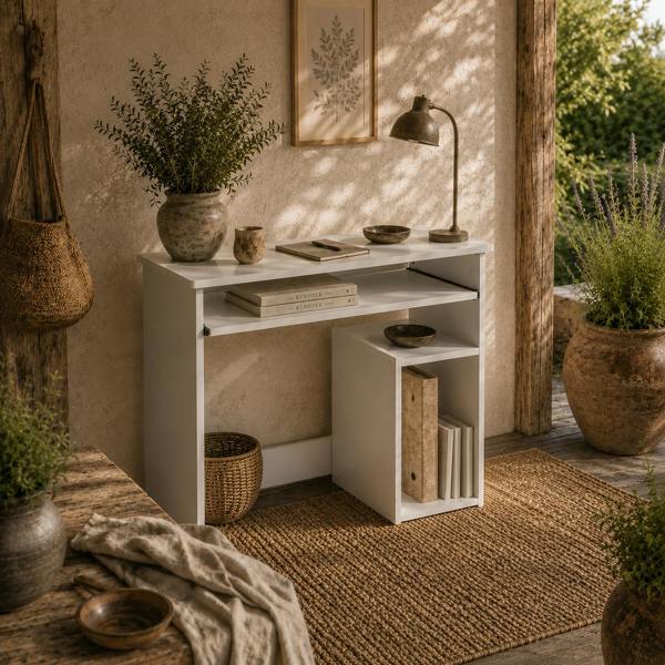 Wyld Haus Rolu 100cm Wooden White Compact Corner Desk With Keyboard Tray And Storage Shelves