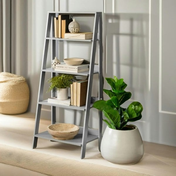 Rafaelo Mobilia 4 Tier Free Standing Ladder Shelf For Living Room Storage Grey