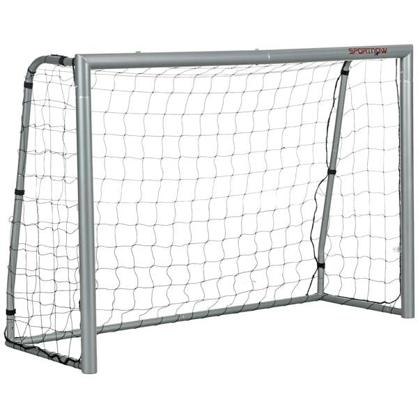 Light grey football goal with taut white net and support bars