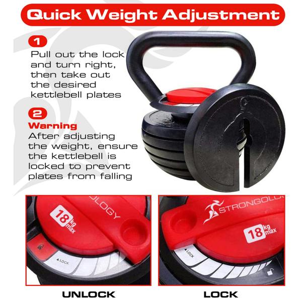 Homeology HERCULES18 7-in-1 Adjustable Smart Kettlebell up to 18kg Black with Red Dial Home Fitness Gym Equipment