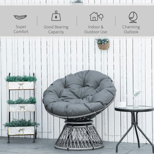 Wyld Haus Rarare Grey Rattan Swivel Papasan Style Moon Chair With Oversized Cushion