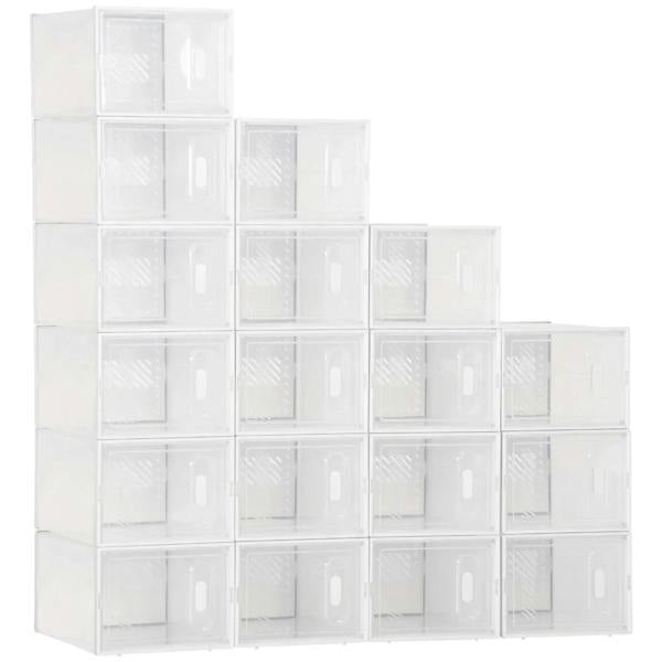 Clear plastic stackable shoe storage boxes set, magnetic front door