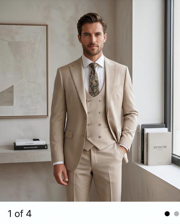 A man wearing a light beige three-piece suit with a white dress shirt and a patterned tie, standing in a modern, minimalist room with a window and framed art.