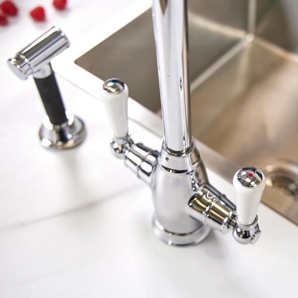 Flode Halden | Dual Lever Kitchen Sink Mixer Tap and Rinser with Swivel Spout | Polished Chrome Finish