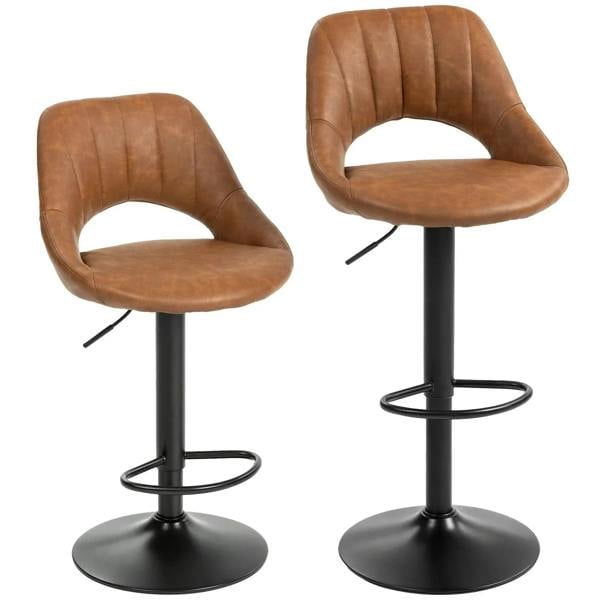 Brown PU leather swivel bar stools (set of 2) with backrest and footrest