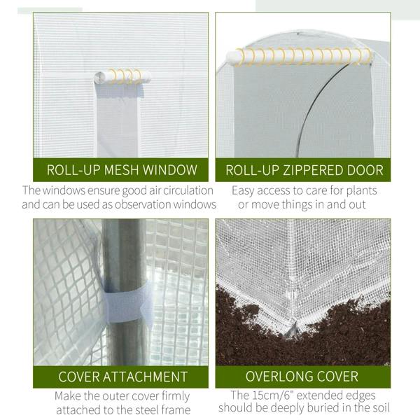 White roll-up mesh window and roll-up zippered door on arched greenhouse cover