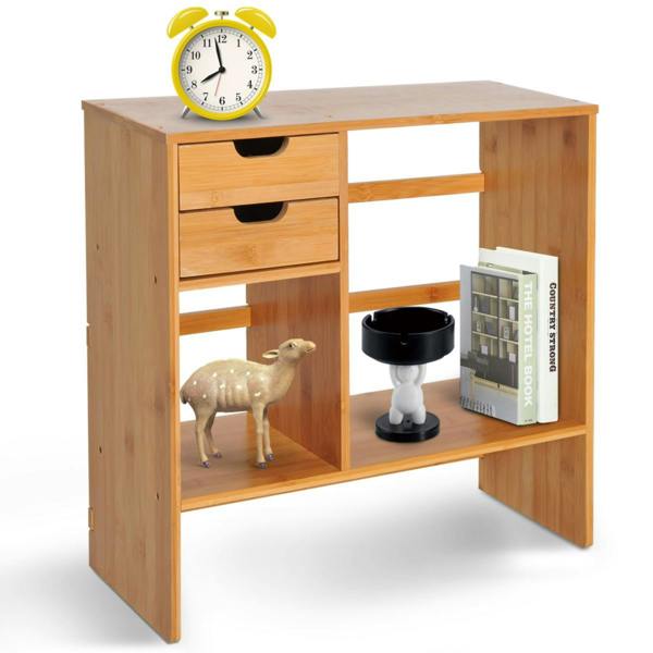 Dyzi Bamboo Desk Organiser Rotatable Desktop Bookshelf with 2 Drawers