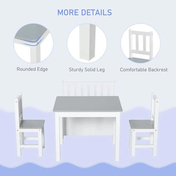 Kids table and chair set with grey tabletop, white chairs with backs, and storage bench