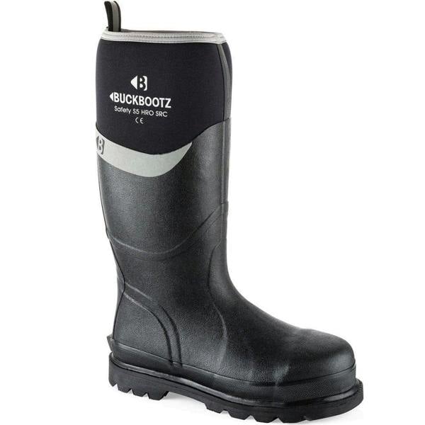 Buckbootz BBZ6000 Mens Safety Waterproof Steel Toe/Midsole Wellington Wellies, black waterproof rubber safety boots with steel toe and midsole for protection.