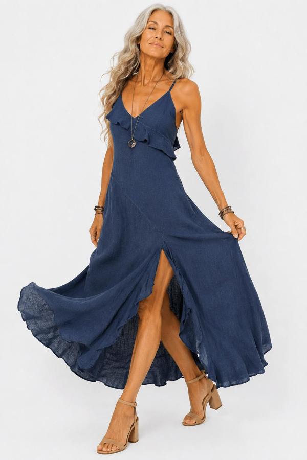 Claudio Lugli Sleeveless Linen Slit Midi Dress — women's summer linen dress