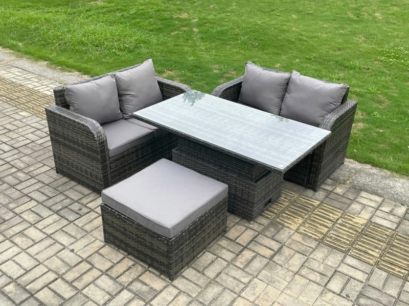 Fimous Outdoor Rattan Furniture Garden Dining Set Height Adjustable Rising lifting Table Love Sofa Set With Big Footstool Dark Grey Mixed