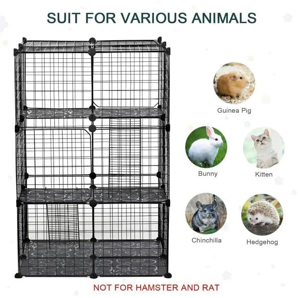 Black wire pet playpen enclosure with three stacked platform levels