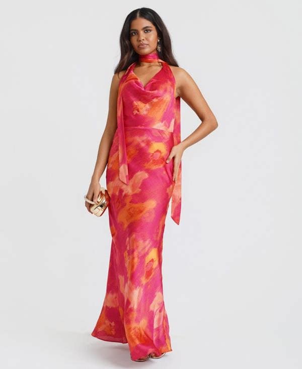 Needs No Label Pink Marble Scarf Neck Maxi Dress