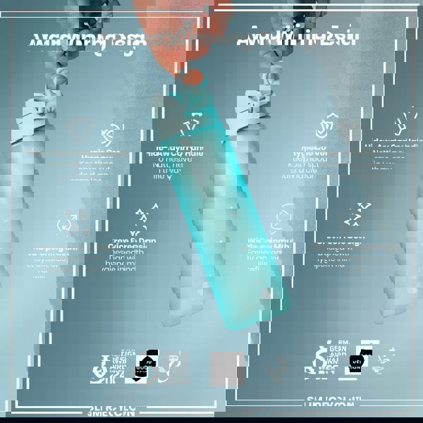 A light teal water bottle is being held; it features a hideaway handle and a hygienic cover. The bottle is award-winning, with a crevice-free design and wide mouth for easy cleaning and refilling. The text also states that it is a "Slim Recyclon".