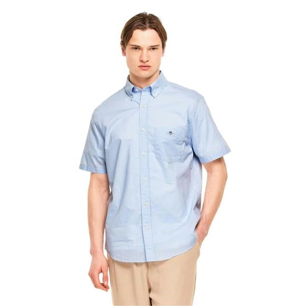 Gant Mens Classic Logo Poplin Short-Sleeved Shirt - Light Blue - 