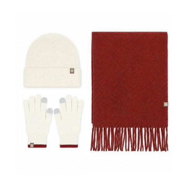 Obasyhig Christmas Check Knitted Hat Scarf and Gloves 3 Piece Set - Off-white