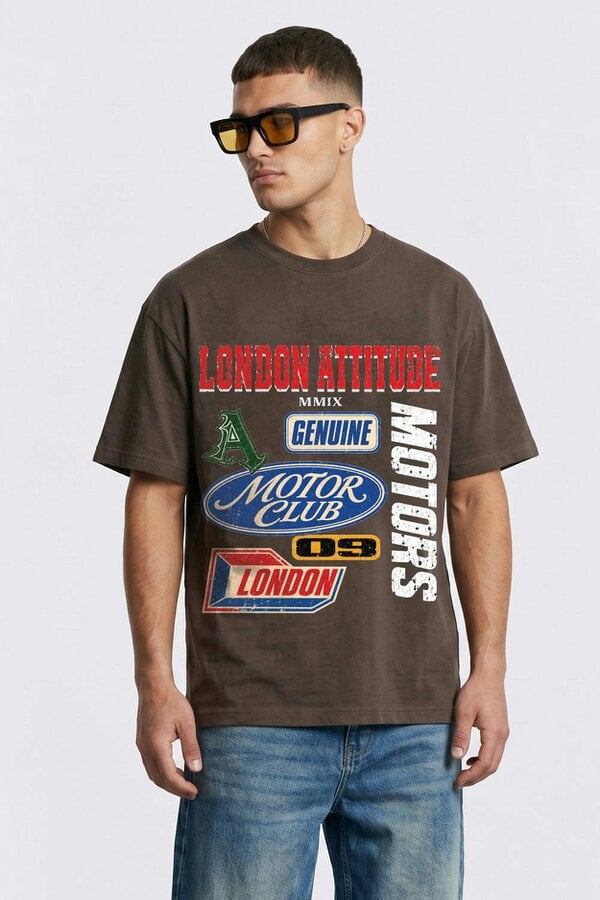London Attitude Oversized Heavyweight Vintage Racing T-Shirt - Dark Chocolate
