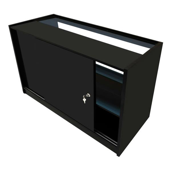 Vega LED Shop Counter Set in sleek black, featuring a sliding door, open shelving, and modern design for retail displays