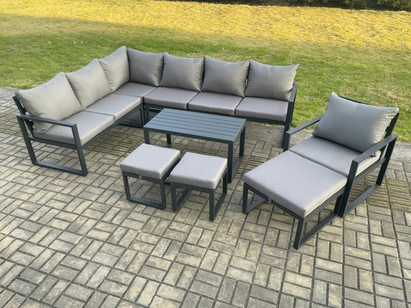 Fimous Aluminium 10 Seater Outdoor Lounge Corner Sofa Set Garden Furniture Sets with Oblong Coffee Table Chair 3 Footstools Dark Grey